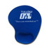 A blue gel mouse pad with a contoured shape and a logo printed on it.