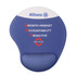 A blue gel mouse pad featuring a curved design and a logo, with the words "Growth Mindset, Accountability, Proactive".