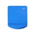 A blue rectangular gel pad with a smooth surface and a curved edge, featuring a logo in one corner.