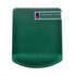 A green rectangular gel pad with a smooth surface and a curved edge, featuring a logo and branding label.