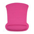 A pink gel mouse mat featuring a cushioned wrist rest and a smooth surface, with a branding logo.