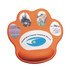 An orange paw-shaped gel pad featuring images and a logo on its surface, designed for office use.