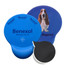 A blue mouse mat featuring a dog image on one side and a solid blue surface on the other, with a logo.