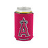 A pink stubby holder with a logo, designed to fit a standard drink can.