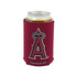 A drink can is nestled in a maroon foldable stubby holder featuring a logo.