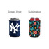 A drink bottle holder in navy with a logo on the left and a colourful tropical design on the right.