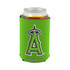 A green foldable stubby holder featuring a logo, designed to fit a standard drink can.