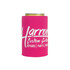 A drink bottle holder in vibrant pink, suitable for cans, featuring a logo.