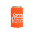 An orange stubby holder with a logo, designed to fit a drink can or bottle.