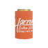 A drink bottle cooler in bright orange featuring a branding logo for a guitar-related product.
