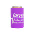 A drink bottle stubby holder in vibrant purple with a logo printed on the side.