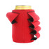 A drink can holder in vibrant red with decorative ruffles and a black trim, featuring a logo.