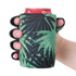 A drink bottle holder with a tropical green leaf design, featuring finger holes for grip and a fitted top.
