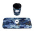 A drink bottle holder and matching mouse pad in a blue camo design, both featuring a logo.