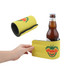 A drink bottle is held in a yellow stubby holder with a logo design. The holder is flexible and features a black interior.