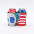 A drink bottle holder in green with a soccer design and another in red with a striped pattern, both holding cans.