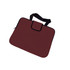 A maroon laptop bag with a black zipper and strap, featuring a logo on the front.