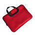 A red laptop bag with a black zipper and handle, featuring a sleek, smooth exterior. It has a logo on the side.
