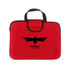 A red laptop bag featuring a black logo with an eagle design and a top handle.