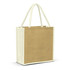 A jute tote bag in a natural brown colour with cream handles and trim. It features a logo on one side.