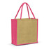 A jute tote bag with a natural beige body and bright pink handles, featuring a logo on the side.
