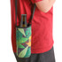 A drink bottle holder with a lanyard, featuring a vibrant tropical pattern in greens and blues.