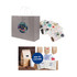 A grey kraft paper bag with a twisted handle and a circular logo, accompanied by various decorative stickers.