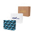 Three paper bags displayed: a brown kraft bag, a white bag with a logo, and a blue patterned bag.
