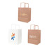 Three kraft paper bags with flat handles, featuring various designs and colours, including brown and white.