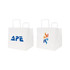 Flat handle kraft paper bag in white, featuring two side designs with logos. Dimensions: 250x250x250mm.