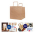 A flat handle kraft paper bag in a natural brown colour with two handles and a logo. Dimensions are 250x250x250mm.