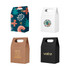 Die cut handle bags in various colours and designs, including patterned, white, and kraft paper options, with branding.