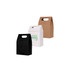 Three die cut handle bags in black, white, and brown from a promotional range, featuring a logo on the white bag.