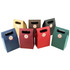 A collection of die cut handle bags in blue, red, green, yellow, brown, and maroon, featuring various decorative labels.