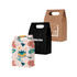 Three die cut handle bags in various designs: a pink patterned bag, a black bag with a logo, and a brown bag with text.