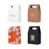 Die cut handle bags in white, brown, orange with patterns, and black, featuring various logos and designs.