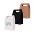 Three die cut handle bags in white, black, and brown, featuring a logo on the white bag.