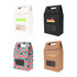 Die cut handle bags in white, black, brown, and patterned designs featuring clear windows and various logos.