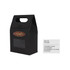 A black die cut handle bag with a window, featuring a customizable sticker on the front.