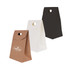 Three die cut handle bags with flap in brown, white, and black, featuring a logo on the brown bag.