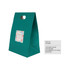 A teal die cut handle bag with a flap, featuring a decorative label area and a logo.