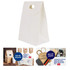 A white die cut handle bag with a flap, featuring a handle cut-out and a decorative top edge.