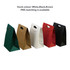 Die cut handle bags in green, brown, white, red, and black with a flap and handle cut-out. Each bag has a logo.