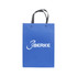 A blue knitted handle bag with lamination, featuring two black handles and a logo.