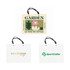 A cream knitted handle bag with black handles, featuring floral graphics and branding in various colours.