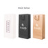 Three wine bottle paper bags in white, black, and brown, each featuring a logo and holding handles.