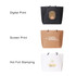 Three paper bags displayed: a black bag with a logo, a brown bag with white text, and a white bag featuring gold foil detail.