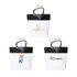 A large black and white paper bag featuring various designs and logos. It has two handles for carrying.