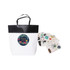 A large black and white boutique paper bag with a black handle, accompanied by assorted decorative stickers.