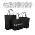 A large black and white boutique paper bag with two smaller bags, featuring a logo. Dimensions: 380 x 380 x 100mm.